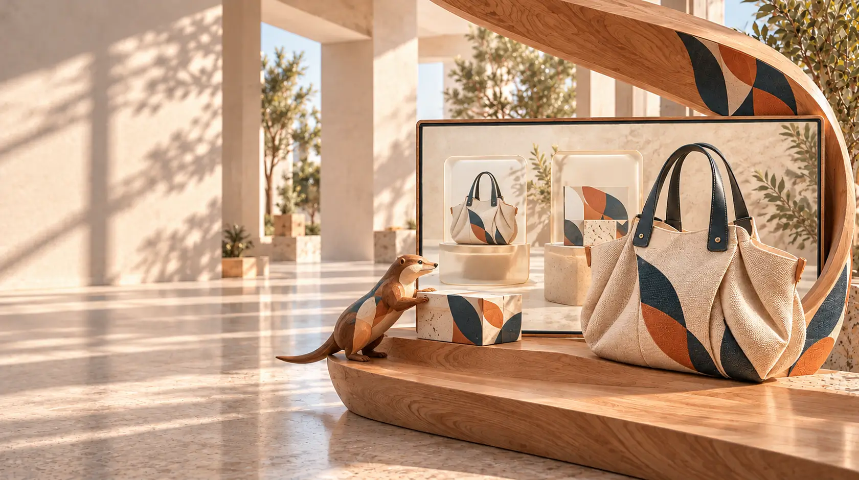 Concept brand store with a woven carryall extending beyond a screen and a carved otter handling a package.