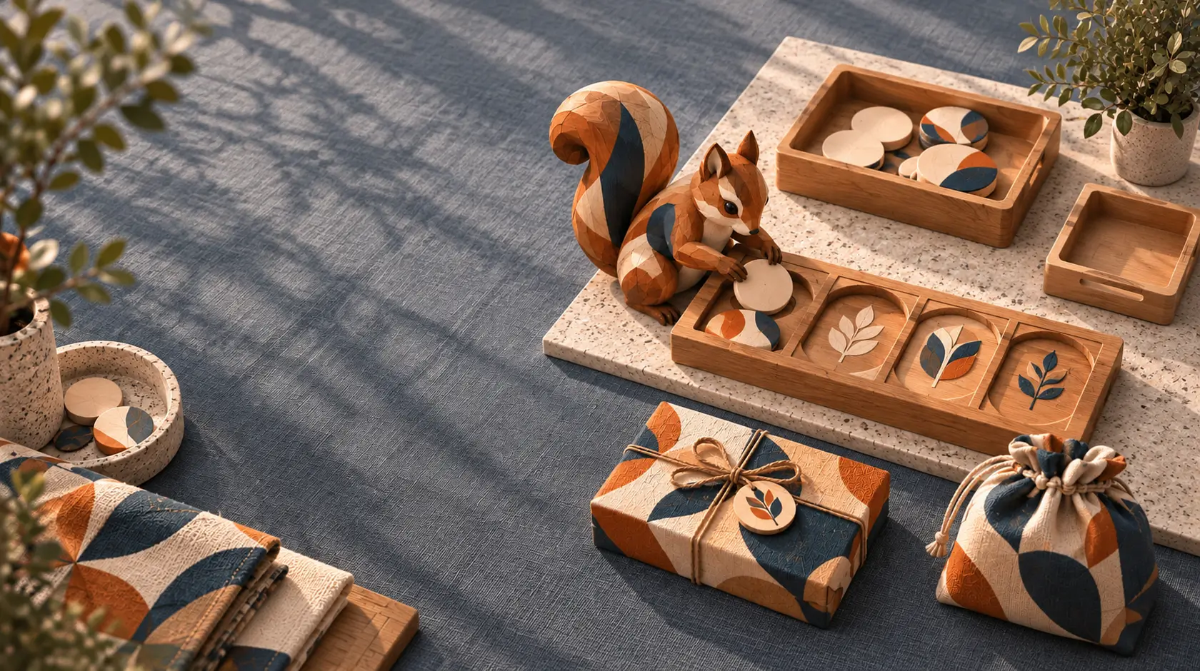 An overhead concept workbench with occasion cards, patterned rewards and a carved squirrel arranging the workflow.