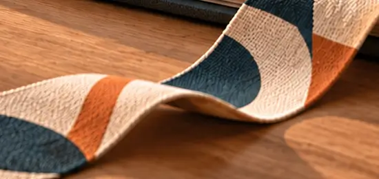 A patterned ribbon and project materials at the edge of the folio.
