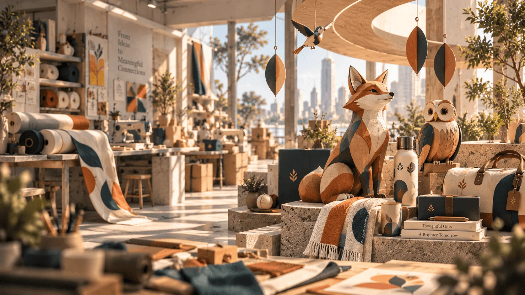 Giftpack's sunlit studio, with carved brand characters, textiles and merchandise.